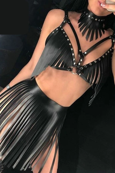 Deri Püsküllü Fantezi Vücut Harness