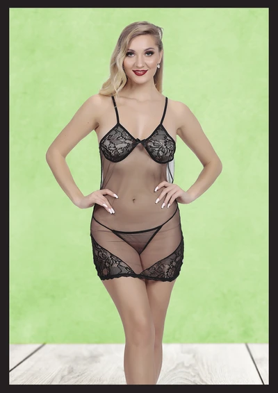 Kadın Siyah Dantel Detaylı Tül Gecelik