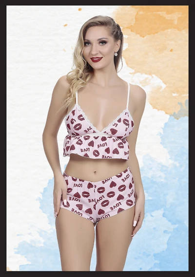 Pembe Desenli - Şortlu Takım