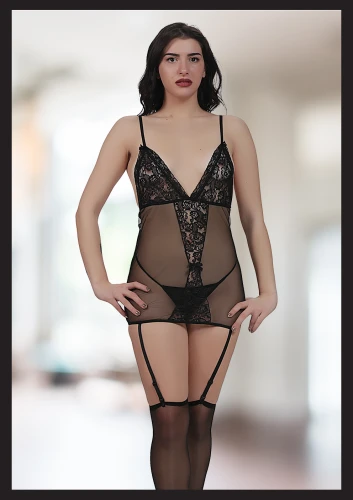 Seksi Fantezi Jartiyerli Gecelik - Dantel Detaylı