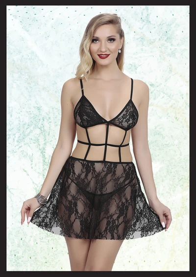 Siyah Fantezi Kostüm - Dantel Detaylı, Etekli