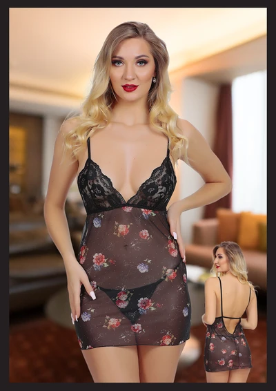 Siyah Dantel Detaylı, Desenli Seksi Fantezi Gecelik