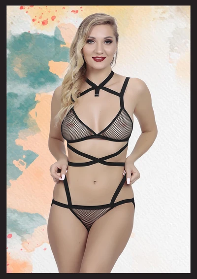 Siyah Fileli Fantezi İç Çamaşır Takımı