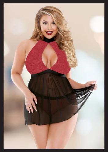 Siyah Özel Tasarım Göğüs Detaylı File Etekli Fantezi Büyük Beden Gecelik