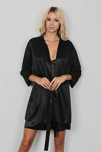 Kadın Siyah Saten Görünümlü Katya Sabahlık