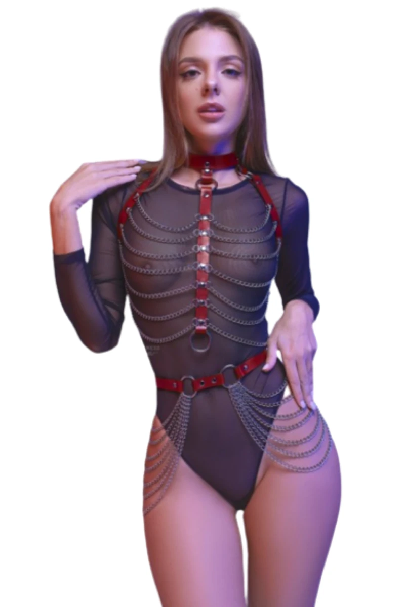 Deri Büstiyer Harness - Baştan Çıkarıcı, Çarpıcı, Zincir Detaylı