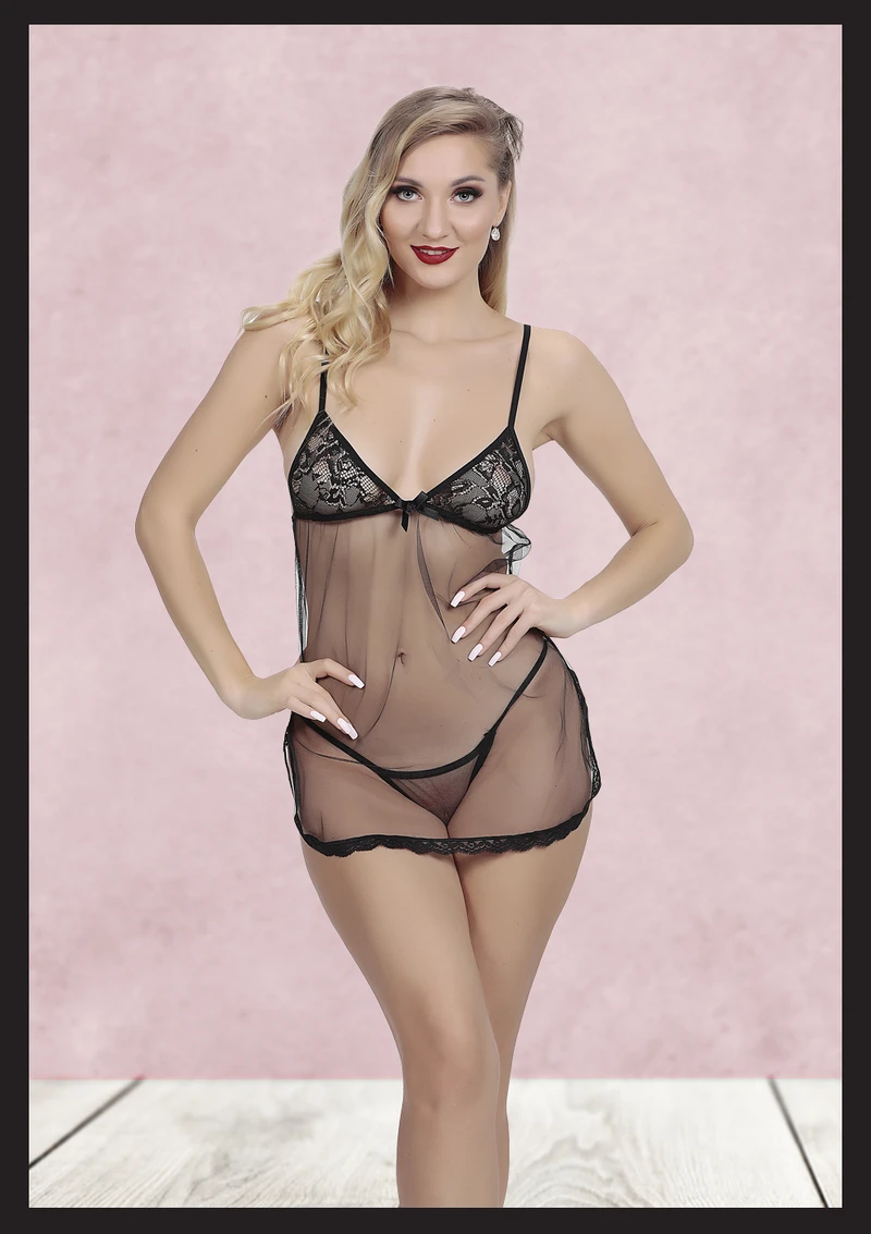 Kadın Siyah Fantezi Gecelik - Tül, Dantel Detaylı