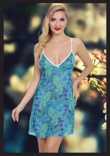 Mavi Desenli Seksi Fantezi Gecelik