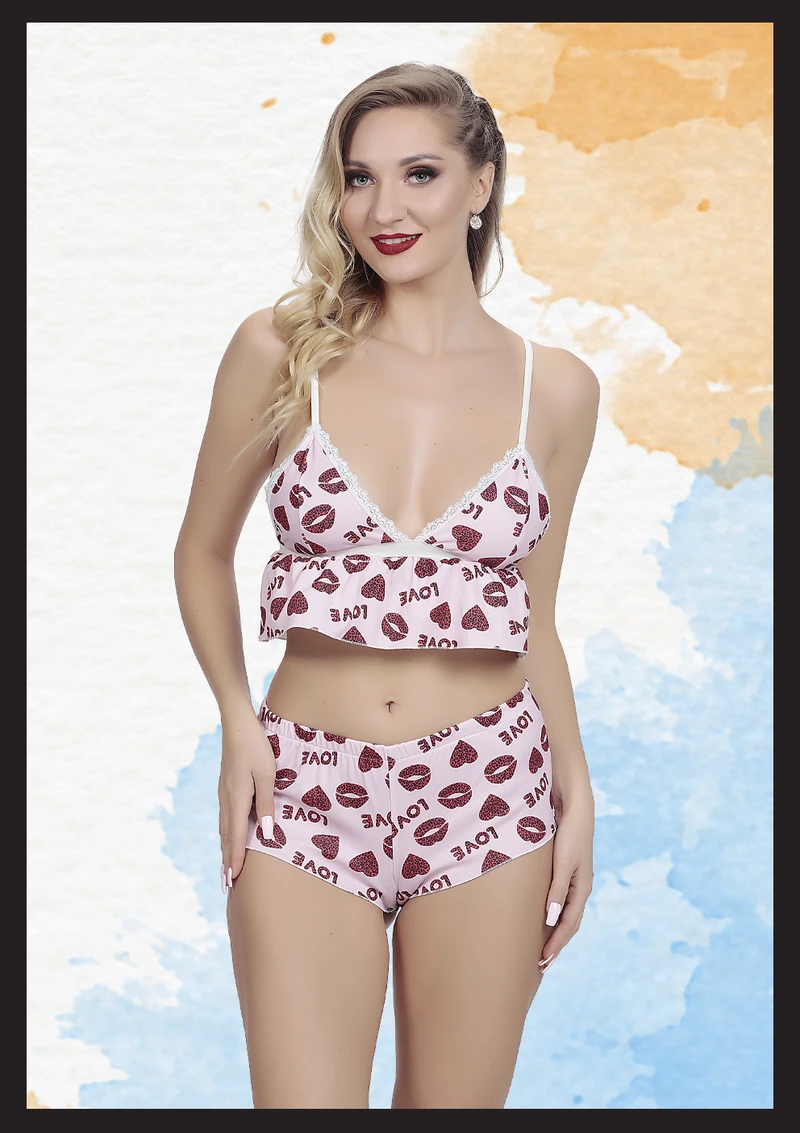 Pembe Desenli - Şortlu Takım