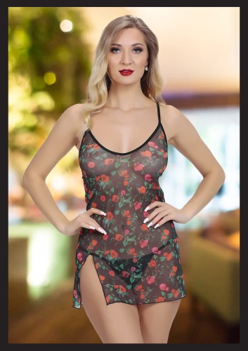 Siyah Çiçek Desenli Seksi Fantezi Gecelik