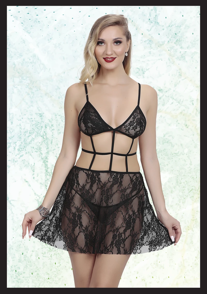 Siyah Fantezi Kostüm - Dantel Detaylı, Etekli