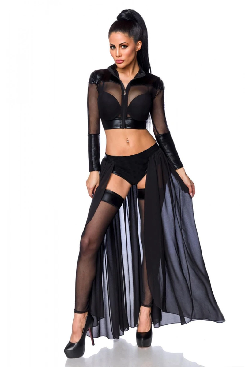 Siyah Deri Fantezi Kostüm - Kuyruk Pelerinli
