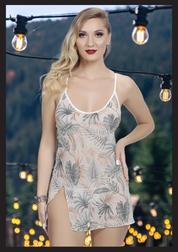 Seksi Fantezi Mini Gecelik - Yaprak Desenli, Yırtmaçlı